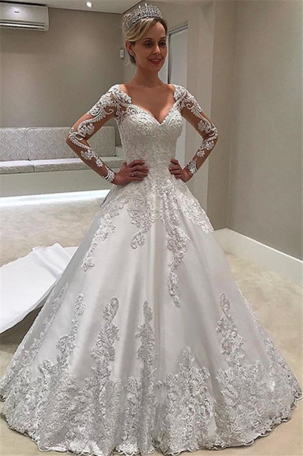 Robe de mariée princesse manches longues | Robe de mariage princesse col en V