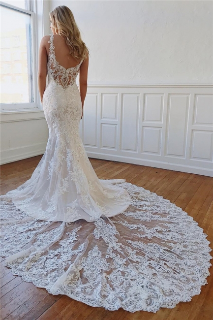 robe de mariée longue luxueux sirène en dentelle avec cristaux