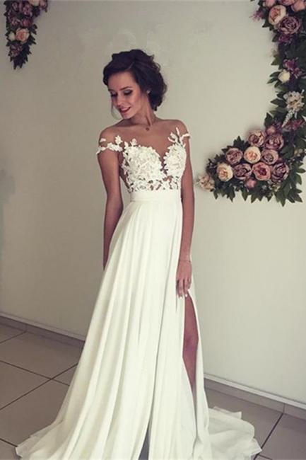 Robe de mariée A-ligne mousseline chic | Robe de mariage ligne A avec dentelle