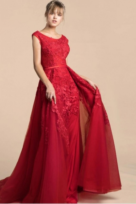 Longues Robes de Soirée Rouge Pas Cher | Robe De Bal En Dentelle en ligne