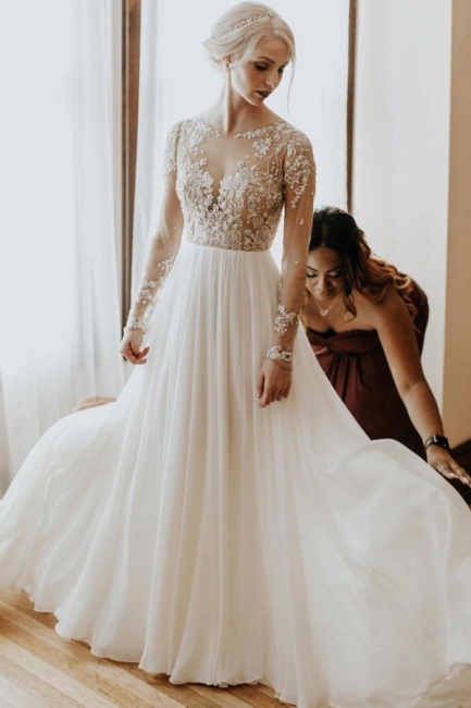 Robe de mariée simple à manches | Robes de mariée une ligne de dentelle