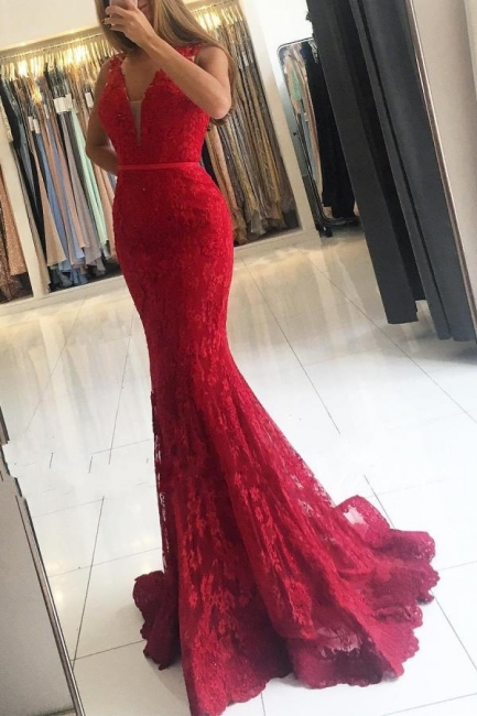 Robes de soirée rouges longues pas cher | Tenue de soirée avec dentelle