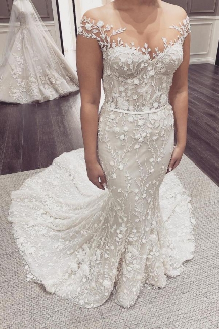 Belles robes de mariée en dentelle de sirène | Robe de mariée Crème