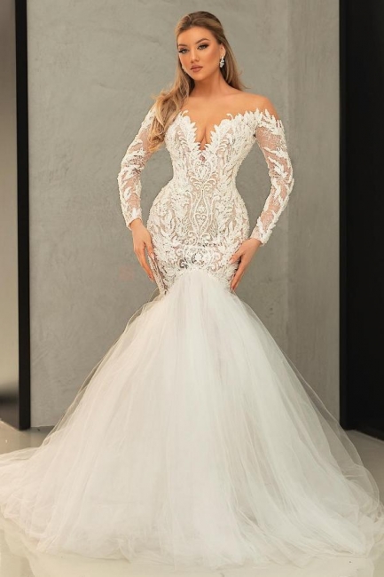 Robe de mariée sirène avec dentelle | Robes de mariée en tulle avec manches