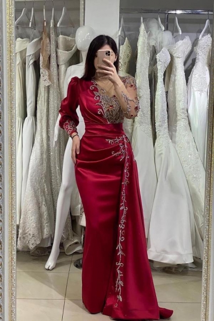 Robes de soirée élégantes longues bordeaux | robes de bal avec manches