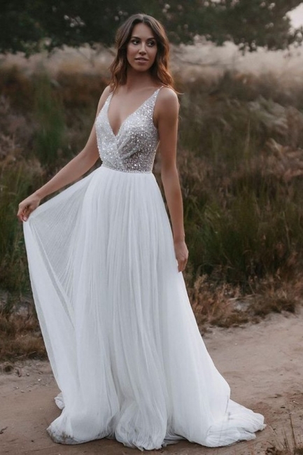 Robe de mariée bohème décolleté en V | Robes de mariée ligne A