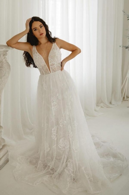 Robes de mariée élégantes décolleté V | Robes de mariée A ligne dentelle