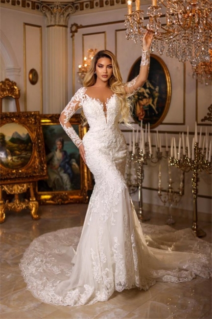 Robe de mariée sirène en dentelle col V avec manches élégante