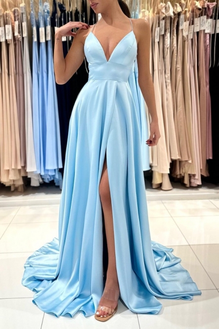 Robe de bal de fin d'année en satin stretch, sans manches, avec volants, bleu fourreau chic