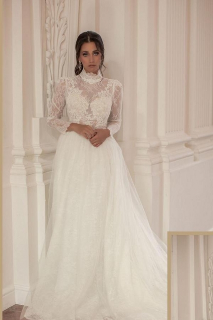 Robe de mariée jupe à ligne A col haut avec manches dentelle pas cher