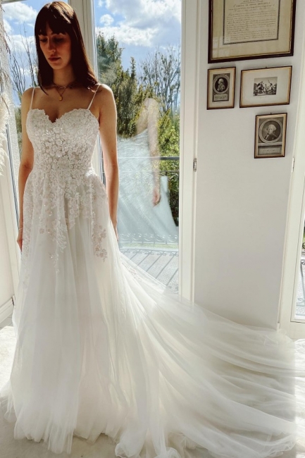 Robe de mariée A-ligne avec dentelle et paillettes simple blanche