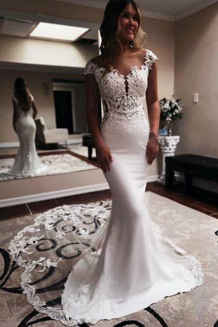 Robe de mariée sirène en satin avec dentelle chic populaire