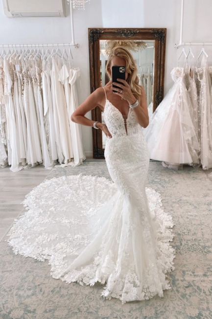 Robe de mariée sirène en dentelle à bretelles spaghetti pas cher