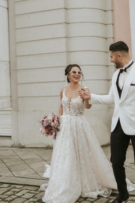 Robe de mariée A-ligne en dentelle bon marché