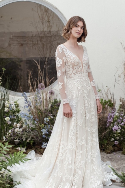 Robe de mariée A-ligne col V avec dentelle pas cher