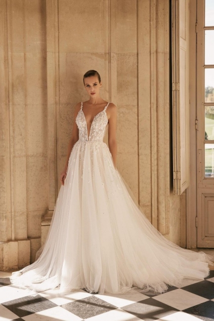 Robe de mariée A-ligne à bretelles spaghetti dentelle pas cher