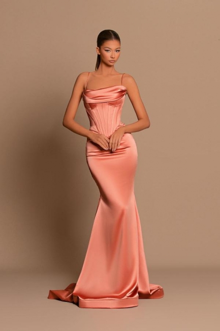 Robe de soirée longue corail glamour | Robe de cérémonie à bretelles spaghetti chic