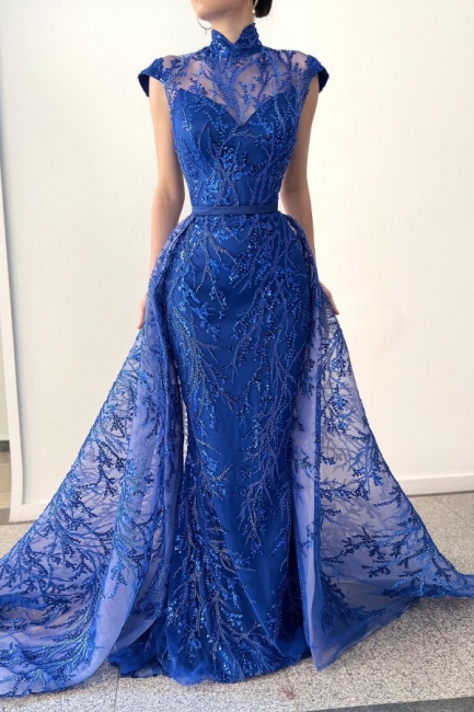 Robe de soirée avec perles et dentelle en bleu roi avec traîne détachable