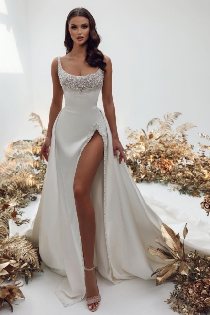 Robe de mariée avec perles unique en satin glamour pas cher