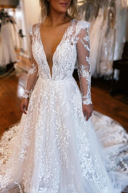 Robe de mariée ligne-A col V avec manches dentelles