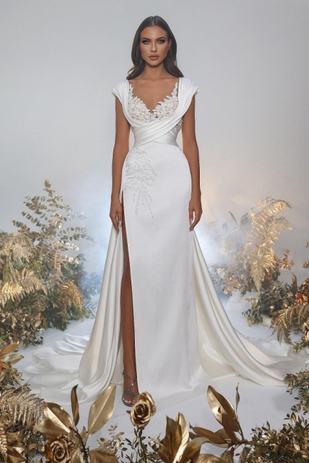 Robe de mariée ligne-A blanche avec dentelles pas cher bonne qualitée