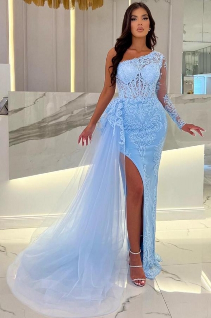 Robe de soirée longue dentelle fendu devant bleu ciel pas cher