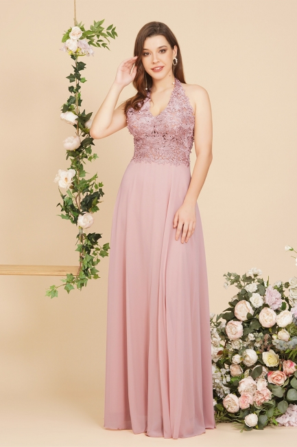 Robe de soirée longue en mousseline rose | Robe de cérémonie avec dentelles et appliques des fleuries