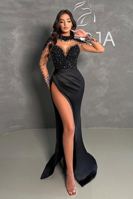 Robe de soirée longue noir avec perles chic et élégante bon prix