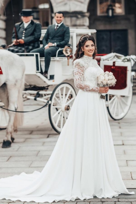 Belles robes de mariée avec manches | Robes de mariée Une ligne dentelle