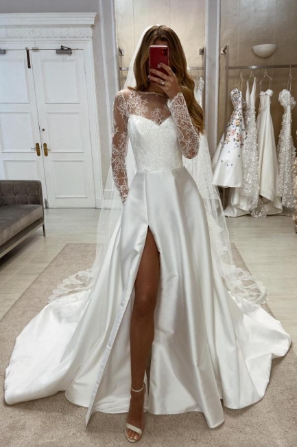 Robes de mariée simples avec manches | Robe de mariée en satin avec dentelle