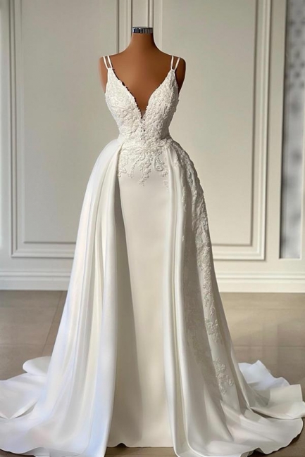 Robe de soirée blanche longue col V | Robes de bal avec dentelle