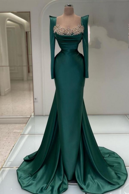 Robes de bal vert foncé avec paillettes | Robes de soirée longues avec manches