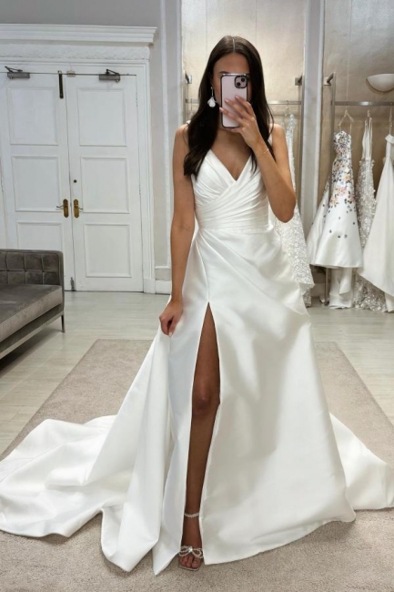 Robe de mariée en satin de créateur Une ligne | Robes de mariée simples