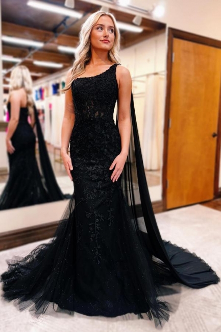 Robe de soirée élégante longue noire | Robes de bal avec dentelle