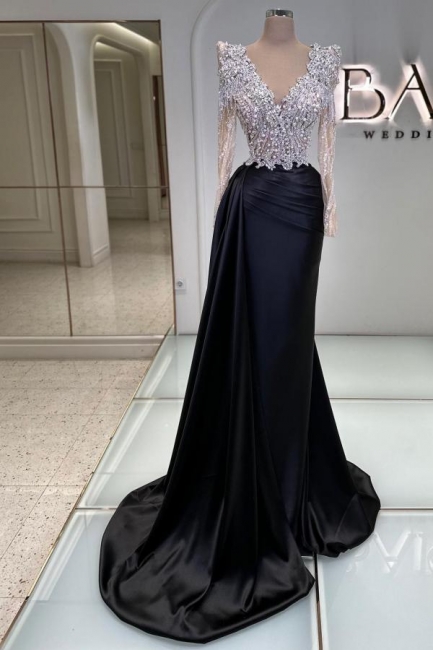 Robes de soirée noires longues paillettes | Robes de bal Col en V