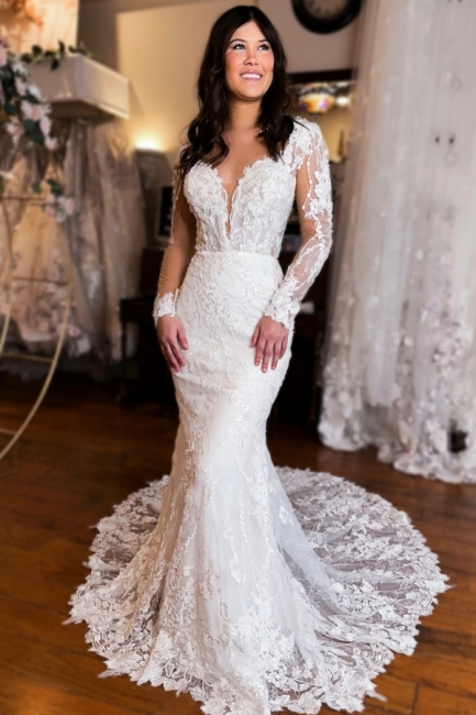 Robe de mariée avec manches en dentelle | Robes de mariée sirène avec dentelle