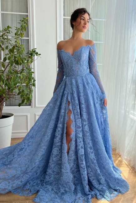 Robes de soirée bleues avec dentelle | Robes de bal avec manches