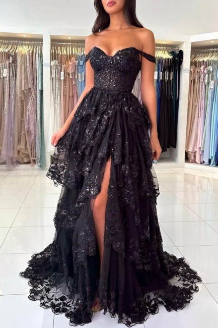 Robes de soirée modernes noires | Robe de bal avec dentelle