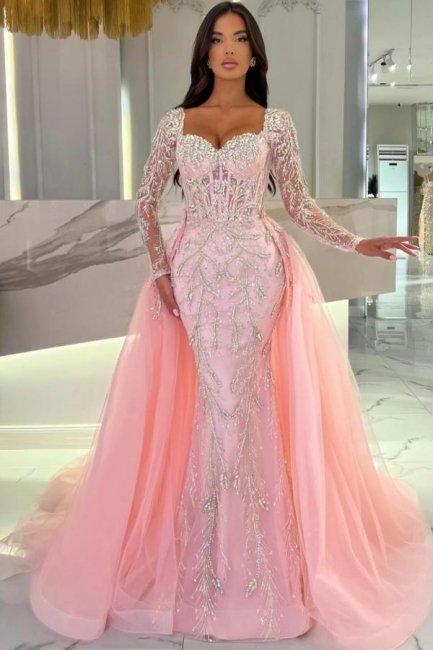 Robe de soirée luxueuse longue en dentelle rose, robes de bal avec manches