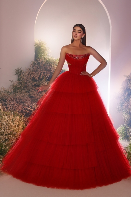 Robes de soirée rouges robe de bal longue en tulle