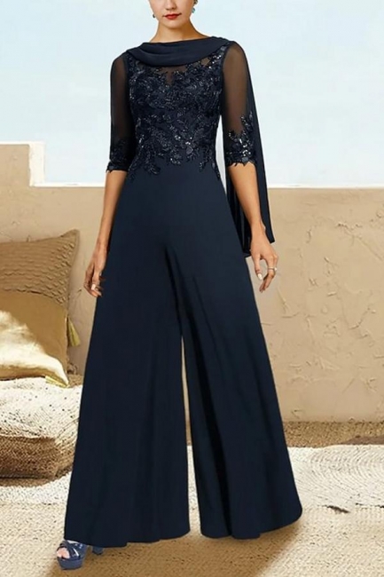 Combinaison-pantalon bleu marine, longue en mousseline de soie, robes mère de la mariée avec manches