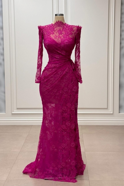 Robes de soirée fuchsia longues robes de bal en dentelle simples avec manches