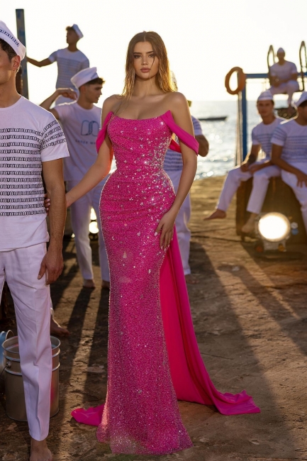 Robes de soirée fuchsia longues robes de bal simples paillettes pas cher