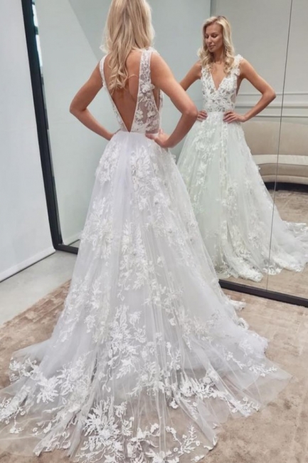 Robe de mariée élégante A ligne | Robes de mariée en dentelle décolleté en V