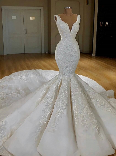 Robe de mariée sirène avec appliques | Robe de mariage trompette col en V