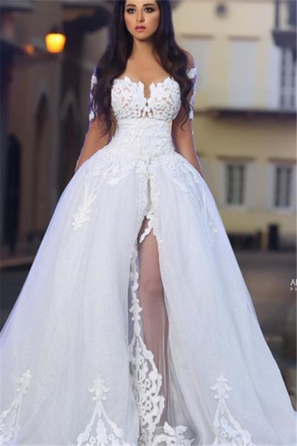 Forme Princesse Traîne moyenne Col U profond Tulle Robes de mariée 2021 avec Appliques