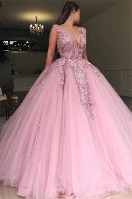 Robe de bal princesse tulle avec appliques | Robe de soirée princesse col en V_1