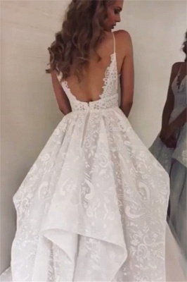 robe de mariée longue princesse asymétrique en appliques dentelles avec bretelles spaghetti traîne_2