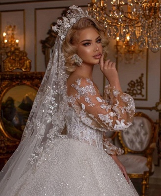 Robes de mariée de luxe avec manches | Robes de mariée princesse paillettes_4