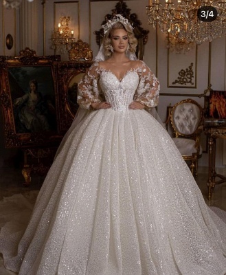 Robes de mariée de luxe avec manches | Robes de mariée princesse paillettes_5